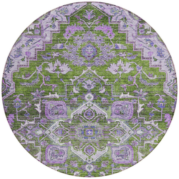 8' Olive Green And Purple Round Oriental Washable Indoor Outdoor Area Rug