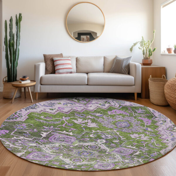 8' Olive Green And Purple Round Oriental Washable Indoor Outdoor Area Rug