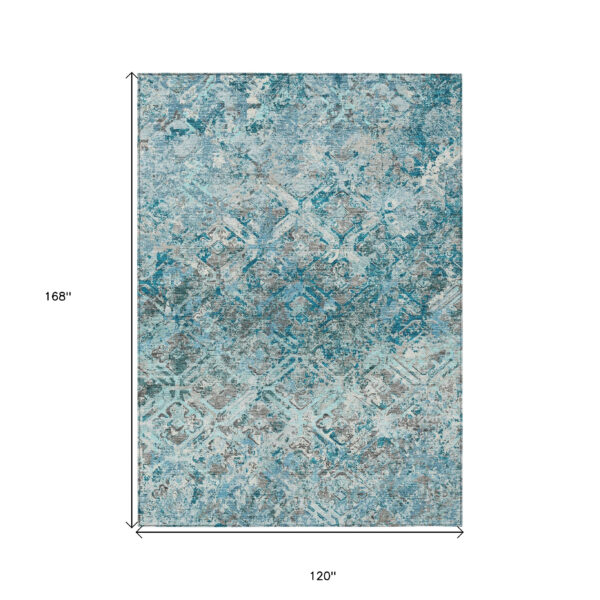 10' X 14' Teal Blue Gray And Charcoal Geometric Washable Indoor Outdoor Area Rug