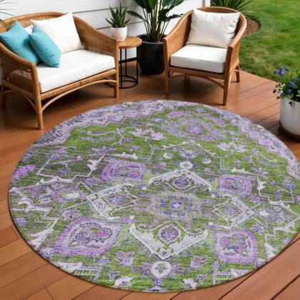 8' Olive Green And Purple Round Oriental Washable Indoor Outdoor Area Rug