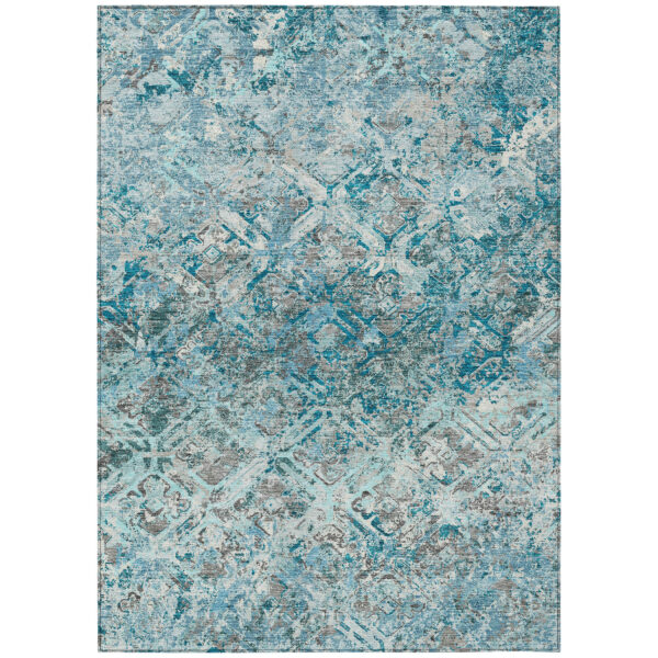10' X 14' Teal Blue Gray And Charcoal Geometric Washable Indoor Outdoor Area Rug