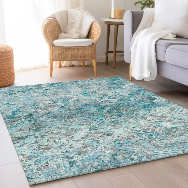 10' X 14' Teal Blue Gray And Charcoal Geometric Washable Indoor Outdoor Area Rug