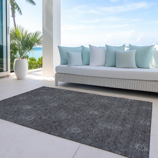 10' X 14' Gray And Charcoal Floral Washable Indoor Outdoor Area Rug