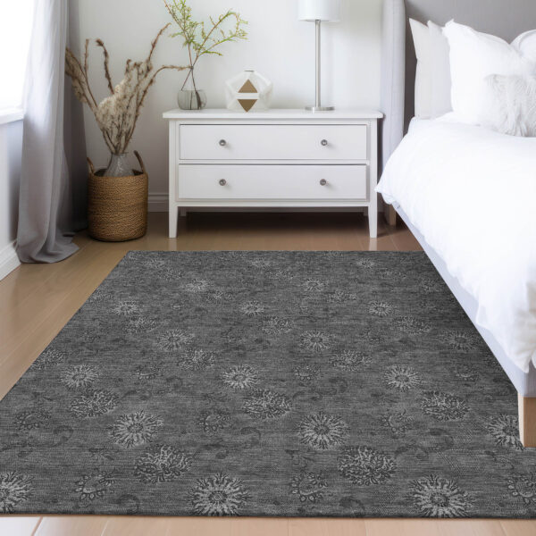 10' X 14' Gray And Charcoal Floral Washable Indoor Outdoor Area Rug