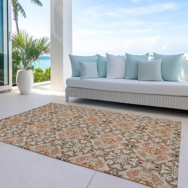 9' X 12' Terra Cotta Copper And Beige Medallion Washable Indoor Outdoor Area Rug