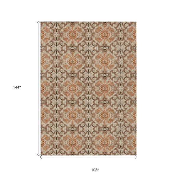 9' X 12' Terra Cotta Copper And Beige Medallion Washable Indoor Outdoor Area Rug