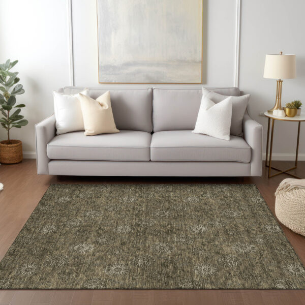 3' X 5' Brown And Beige Floral Washable Indoor Outdoor Area Rug