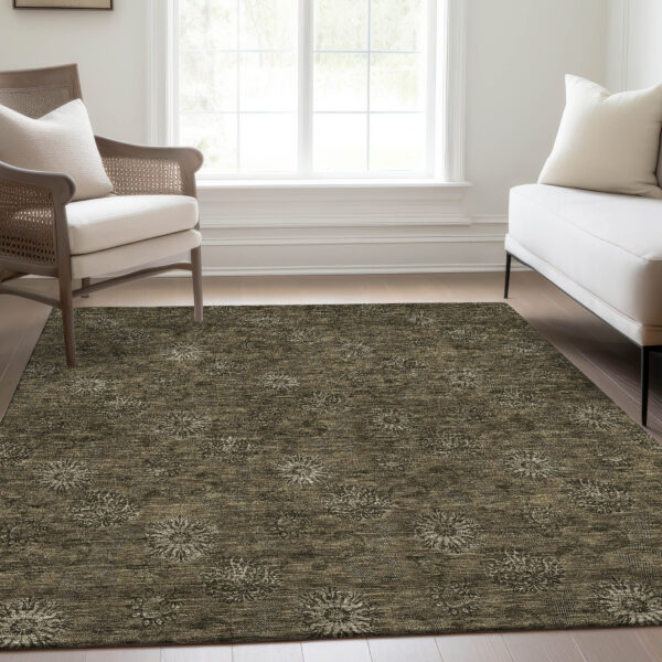 3' X 5' Brown And Beige Floral Washable Indoor Outdoor Area Rug