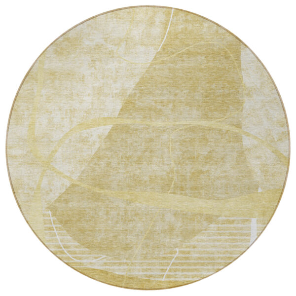8' Wheat Gold And Ivory Round Abstract Washable Indoor Outdoor Area Rug