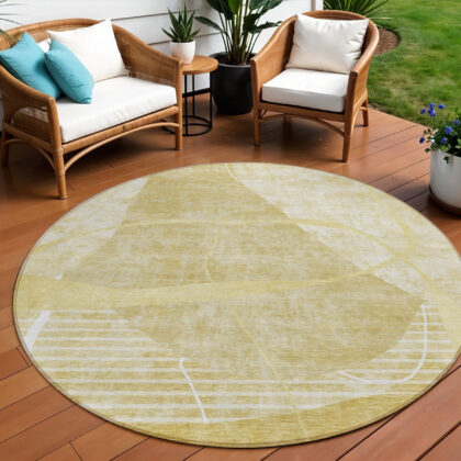 8' Wheat Gold And Ivory Round Abstract Washable Indoor Outdoor Area Rug