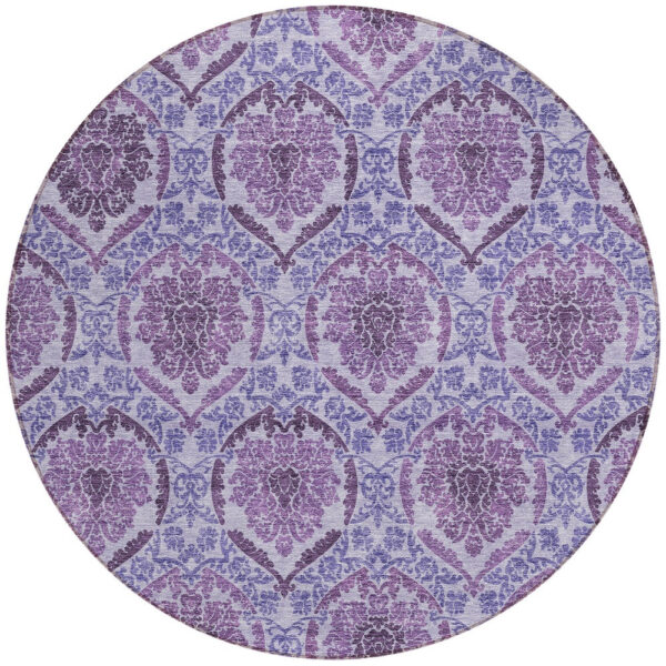 8' Eggplant Purple And Silver Round Medallion Washable Indoor Outdoor Area Rug