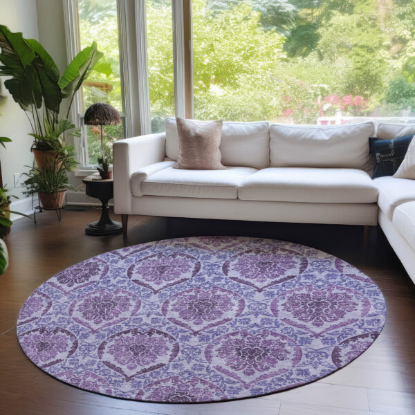8' Eggplant Purple And Silver Round Medallion Washable Indoor Outdoor Area Rug