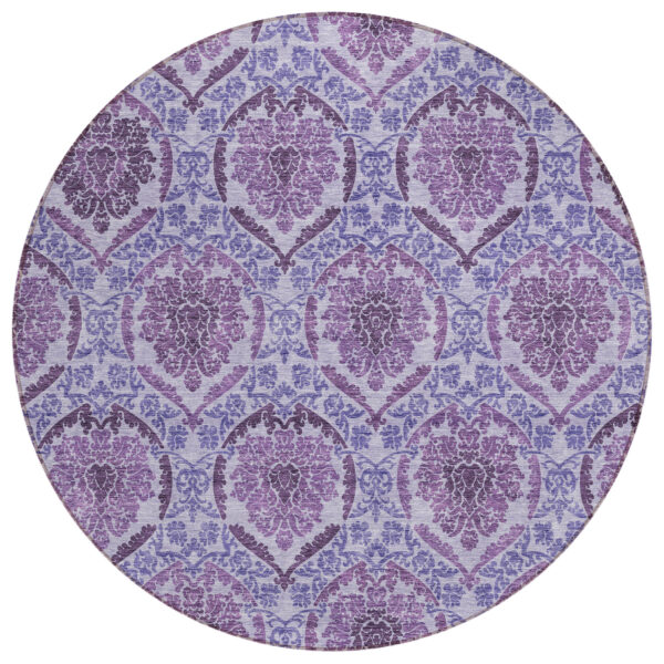 8' Eggplant Purple And Silver Round Medallion Washable Indoor Outdoor Area Rug
