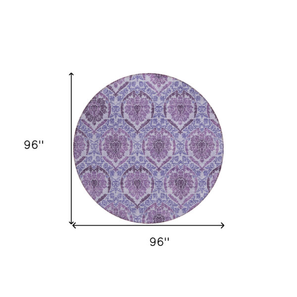 8' Eggplant Purple And Silver Round Medallion Washable Indoor Outdoor Area Rug