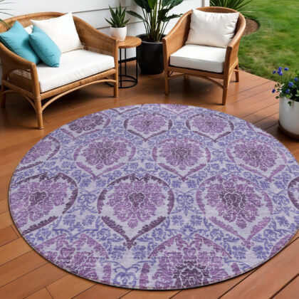 8' Eggplant Purple And Silver Round Medallion Washable Indoor Outdoor Area Rug