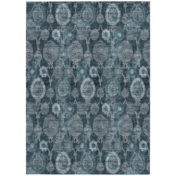 10' X 14' Teal Blue And Sky Blue Damask Washable Indoor Outdoor Area Rug