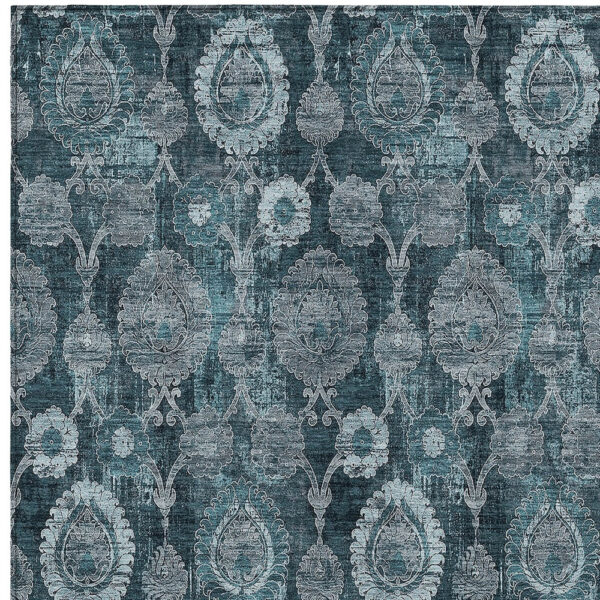 10' X 14' Teal Blue And Sky Blue Damask Washable Indoor Outdoor Area Rug