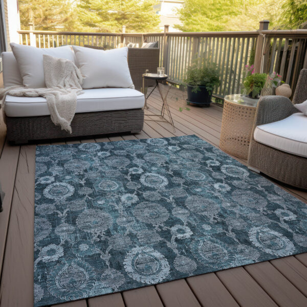 10' X 14' Teal Blue And Sky Blue Damask Washable Indoor Outdoor Area Rug