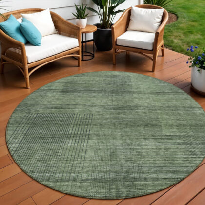 8' Olive Green And Gray Round Striped Washable Indoor Outdoor Area Rug