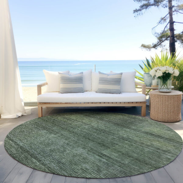8' Olive Green And Gray Round Striped Washable Indoor Outdoor Area Rug