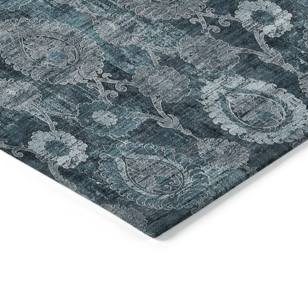 10' X 14' Teal Blue And Sky Blue Damask Washable Indoor Outdoor Area Rug