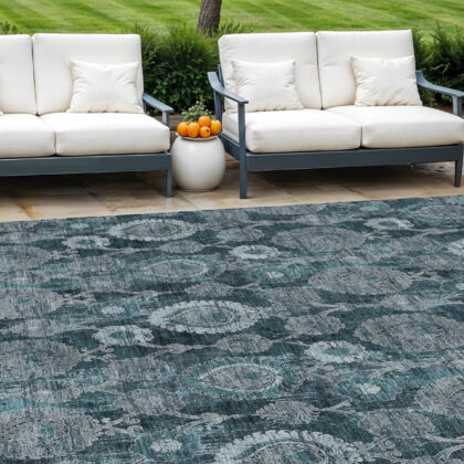 10' X 14' Teal Blue And Sky Blue Damask Washable Indoor Outdoor Area Rug