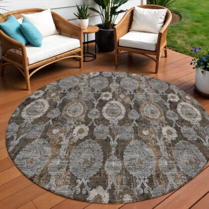 8' Brown And Beige Round Damask Washable Indoor Outdoor Area Rug