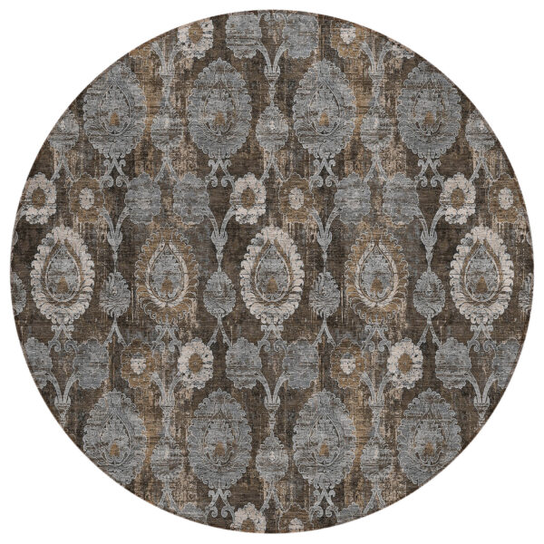 8' Brown And Beige Round Damask Washable Indoor Outdoor Area Rug