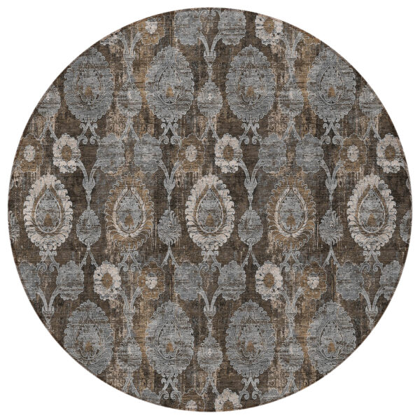 8' Brown And Beige Round Damask Washable Indoor Outdoor Area Rug