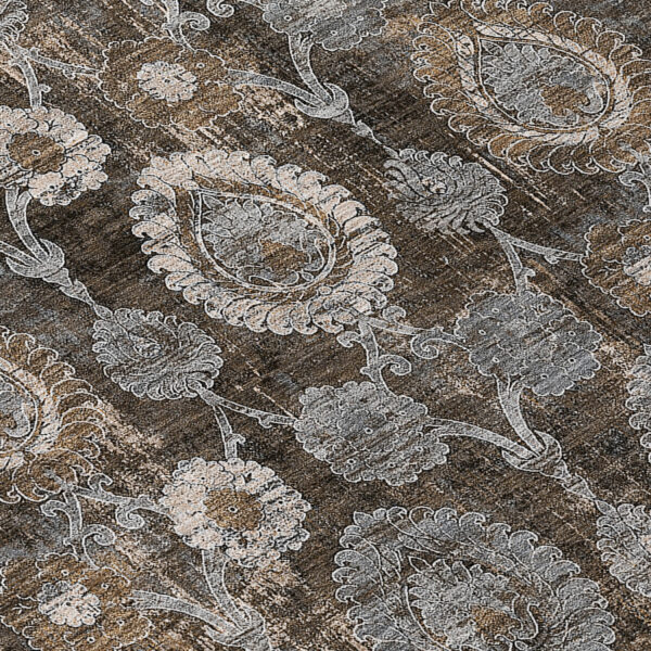 8' Brown And Beige Round Damask Washable Indoor Outdoor Area Rug