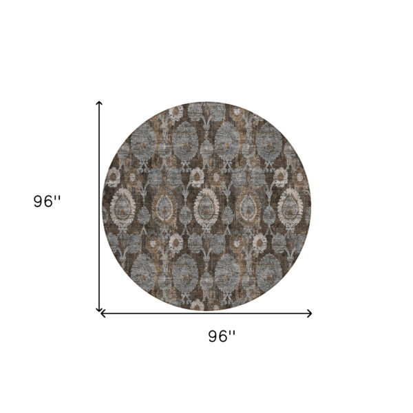 8' Brown And Beige Round Damask Washable Indoor Outdoor Area Rug