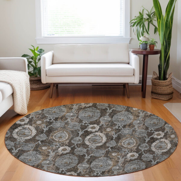 8' Brown And Beige Round Damask Washable Indoor Outdoor Area Rug