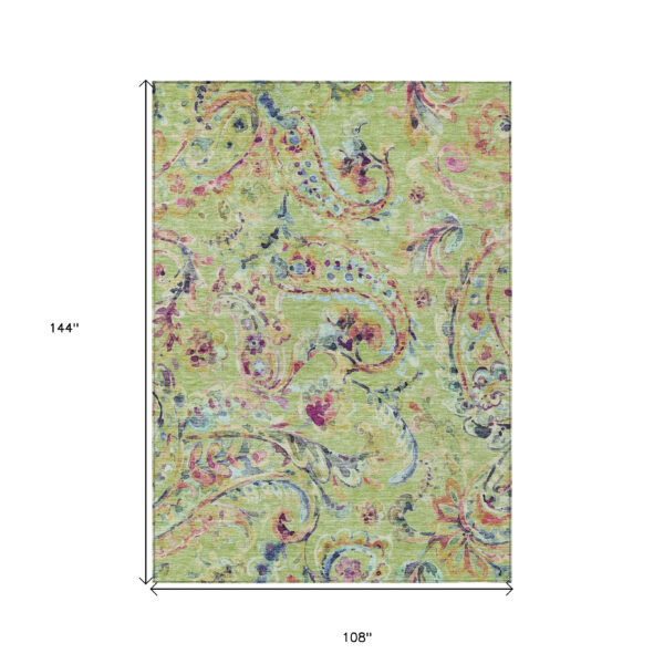 9' X 12' Artichoke Green Green And Pink Paisley Washable Indoor Outdoor Area Rug