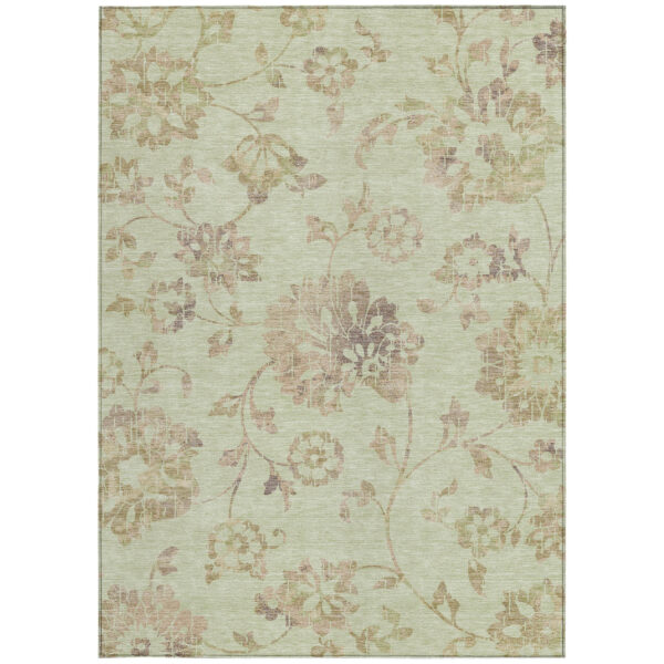5' X 8' Artichoke Green Mint Green And Taupe Floral Washable Indoor Outdoor Area Rug