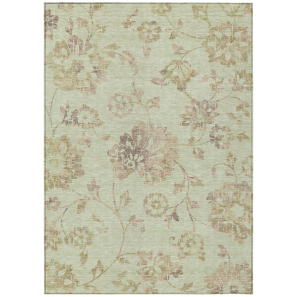 5' X 8' Artichoke Green Mint Green And Taupe Floral Washable Indoor Outdoor Area Rug