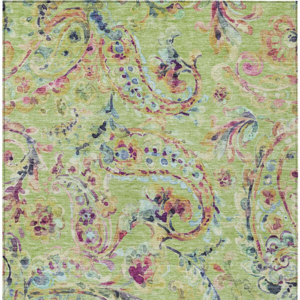 9' X 12' Artichoke Green Green And Pink Paisley Washable Indoor Outdoor Area Rug