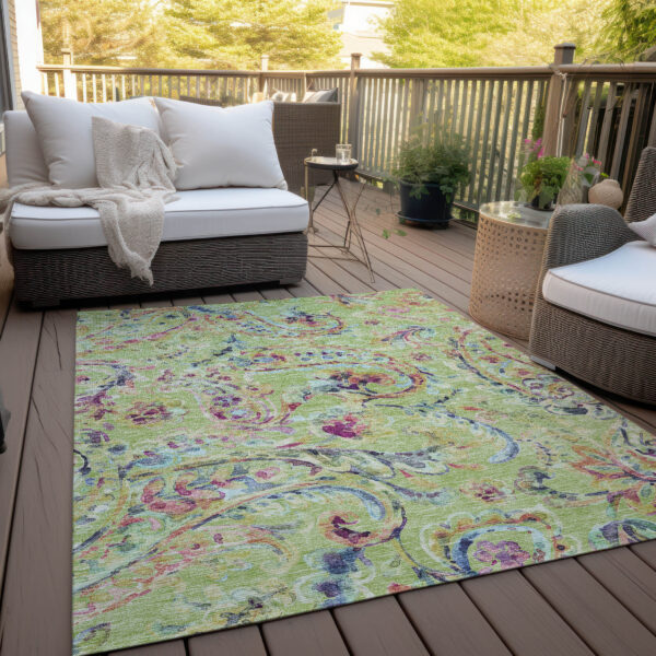 9' X 12' Artichoke Green Green And Pink Paisley Washable Indoor Outdoor Area Rug