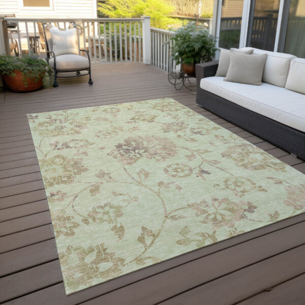 5' X 8' Artichoke Green Mint Green And Taupe Floral Washable Indoor Outdoor Area Rug