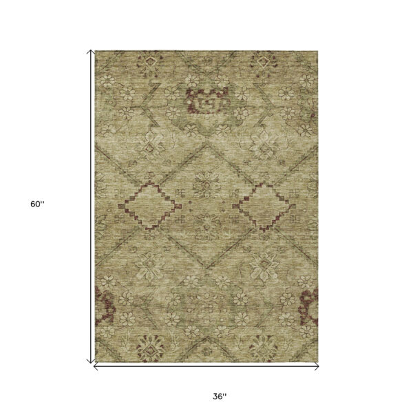 3' X 5' Brown Beige And Artichoke Green Floral Washable Indoor Outdoor Area Rug