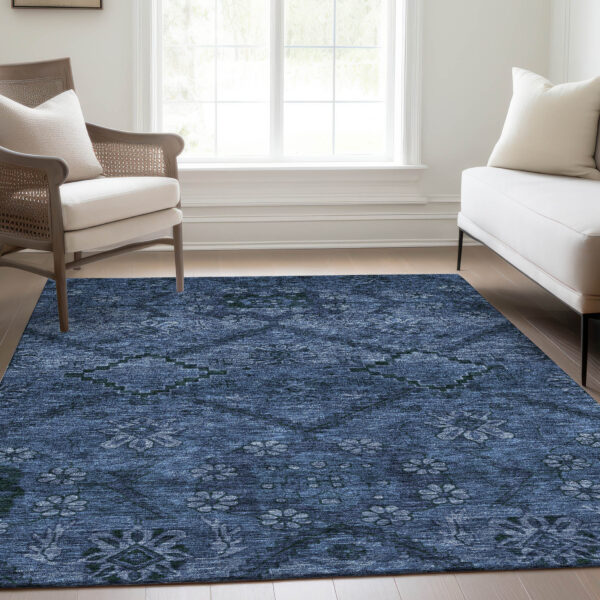 9' X 12' Navy Blue And Denim Blue Floral Washable Indoor Outdoor Area Rug