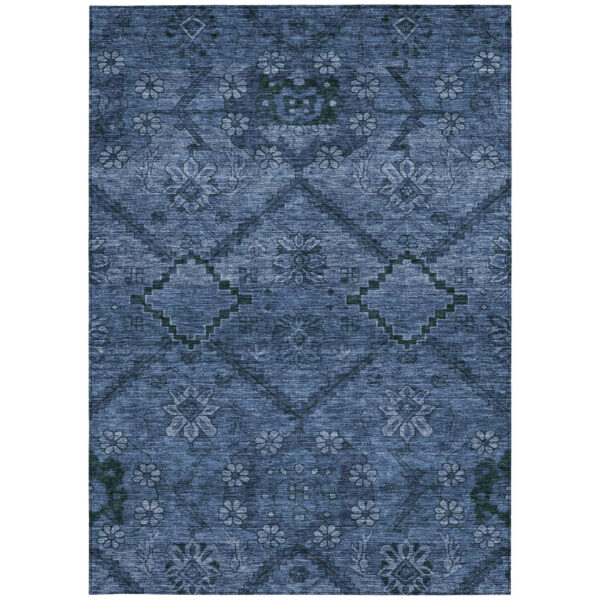 9' X 12' Navy Blue And Denim Blue Floral Washable Indoor Outdoor Area Rug