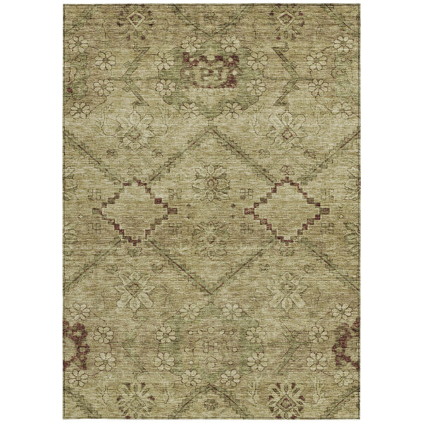 3' X 5' Brown Beige And Artichoke Green Floral Washable Indoor Outdoor Area Rug