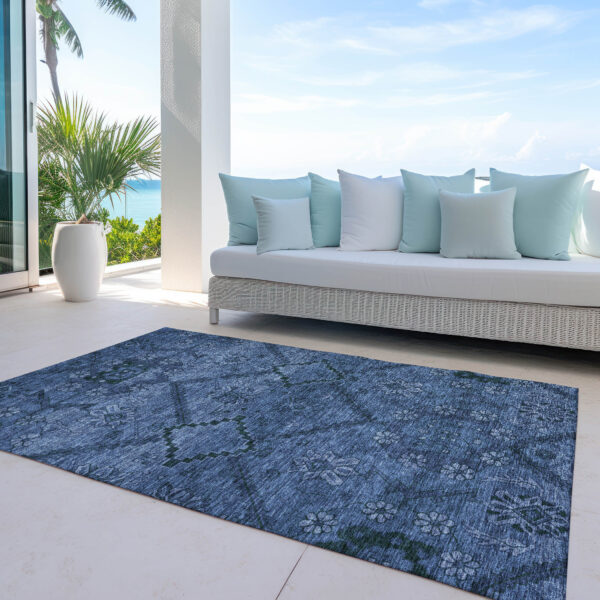 9' X 12' Navy Blue And Denim Blue Floral Washable Indoor Outdoor Area Rug