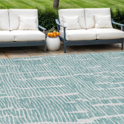 9' X 12' Teal Blue And Ivory Abstract Washable Indoor Outdoor Area Rug