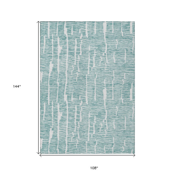 9' X 12' Teal Blue And Ivory Abstract Washable Indoor Outdoor Area Rug