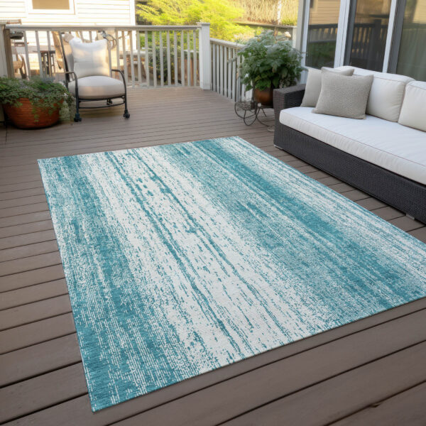 3' X 5' Teal Blue And Ivory Striped Washable Indoor Outdoor Area Rug