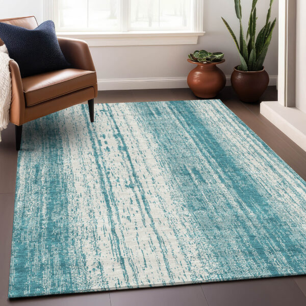 3' X 5' Teal Blue And Ivory Striped Washable Indoor Outdoor Area Rug