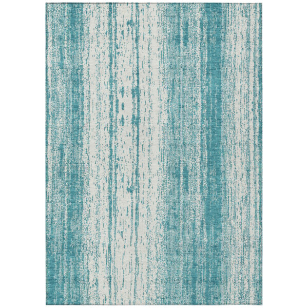 3' X 5' Teal Blue And Ivory Striped Washable Indoor Outdoor Area Rug