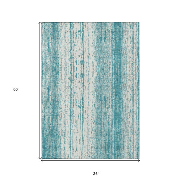 3' X 5' Teal Blue And Ivory Striped Washable Indoor Outdoor Area Rug