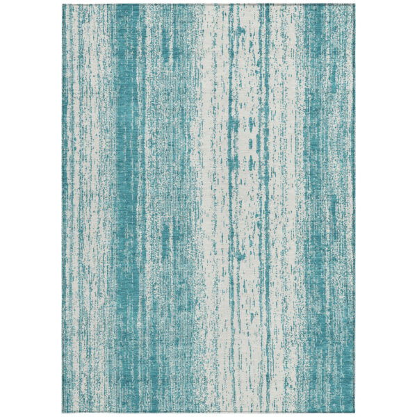 3' X 5' Teal Blue And Ivory Striped Washable Indoor Outdoor Area Rug